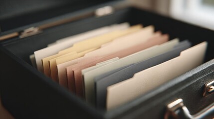 Black leather briefcase with a handle on the right side. inside the briefcase, there are several file folders neatly arranged in rows. the folders are of different colors - beige, brown, and gray.