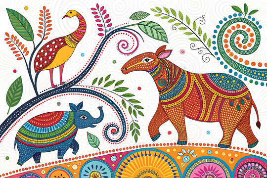 Gond tribal art-inspired hand painting, colorful animals with intricate dot work
