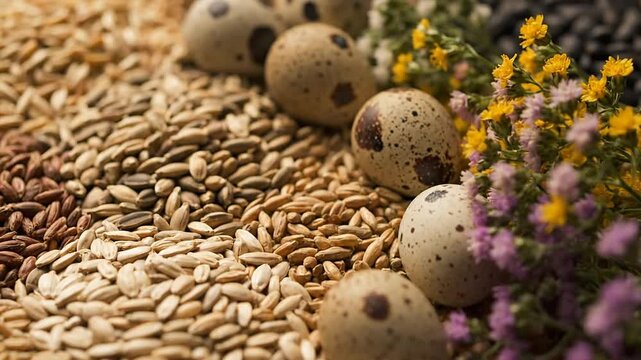 Close up of assorted grains eggs and flowers for food and design use