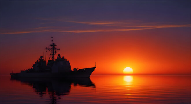 Naval warship silhouette sailing on a calm ocean at sunset, representing military power, defense, and global maritime security operations