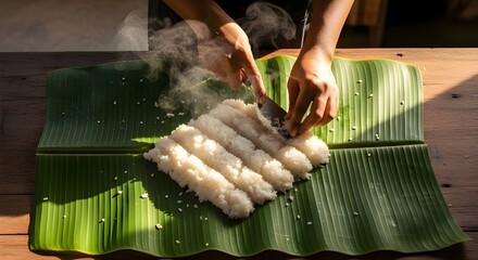 Overhead Shot of Hands Preparing Kiribath on Banana Leaf in Natural Morning Light