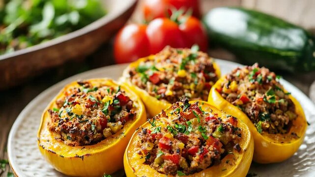 Stuffed yellow squash with vegetables and herbs on a plate  