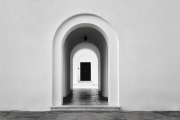 Fototapeta premium Monochrome perspective, arched corridor, leading to a dark doorway, architectural detail