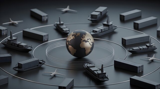 Globe at center of a logistics network with truck, ship, airplane, and container nodes representing global freight routing and supply chain connection.