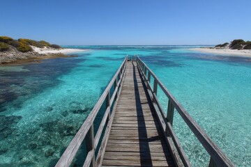 Obraz premium Wooden walkway extends into turquoise water with beaches on either side under a clear blue sky