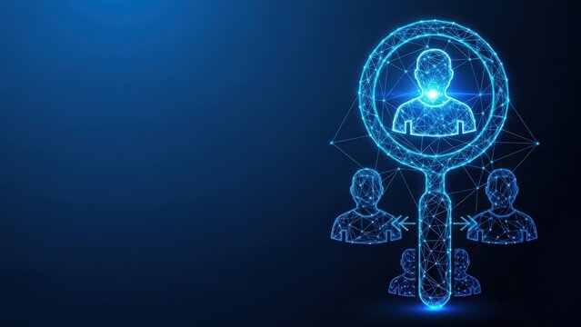 Digital illustration of a magnifying glass searching for human talent with a network of connections on a blue abstract background