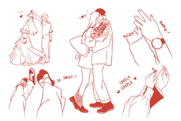 Set of Romantic Couple Line Art Doodles - Minimalist Hand-Drawn Wedding and Engagement Illustrations