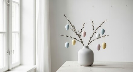 Scandinavian minimalism: a willow branch with pastel eggs in a matte ceramic vase, soft light, Easter decor. AI generated.

