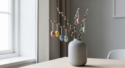 Scandinavian minimalism: a willow branch with pastel eggs in a matte ceramic vase, soft light, Easter decor. AI generated.
