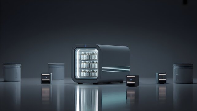 Refrigerated container on reflective surface surrounded by temperature data logger and sensor device, representing cold chain management for temperature-controlled logistics.