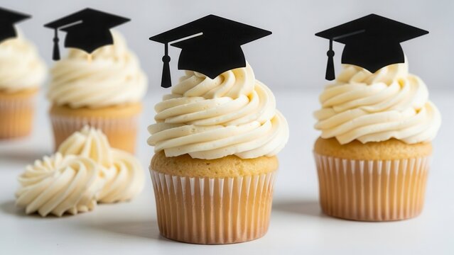Group of vanilla cupcakes with white frosting and black graduation cap silhouettes for a graduation party celebration