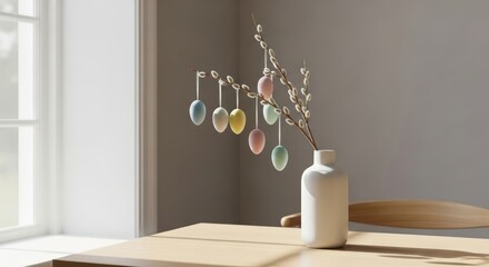 Scandinavian minimalism: a willow branch with pastel eggs in a matte ceramic vase, soft light, Easter decor. AI generated.
