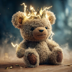 Playful teddy bear wearing crown of lightning sits on wooden floor, surrounded by magical glow, creating whimsical and enchanting atmosphere