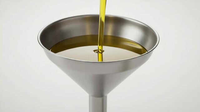Stainless steel funnel pouring olive oil on a neutral background  