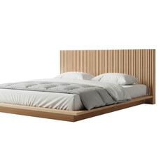 Obraz premium Modern wooden bed frame with light gray bedding and pillows isolated on transparent background