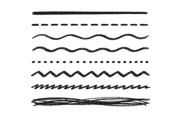 Obraz premium Scribble black crayon lines vector set. Chalk underline lines. Charcoal texture lines set isolated on white background