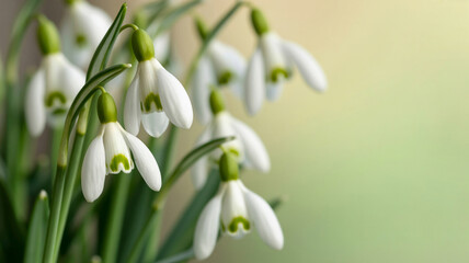 Snowdrop flowers  are the first signs of spring. Selective focus, space for text. 