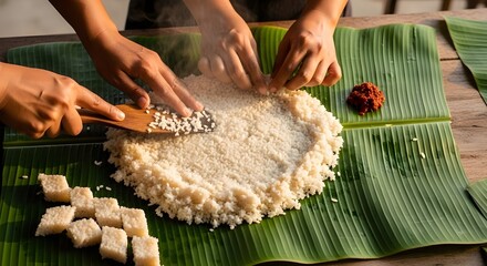 Overhead Shot of Hands Preparing Kiribath on Banana Leaf in Natural Morning Light