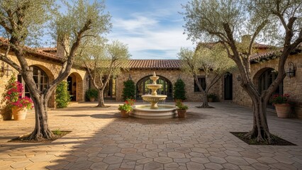 Obraz premium Mediterranean-style courtyard with stone walls, central fountain, olive trees, and flower pots under clear sky