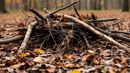 Natural autumn forest floor with fallen twigs and colorful leaves in tranquil woodland setting