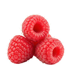Three fresh red raspberries isolated on transparent background with green leaves and stems