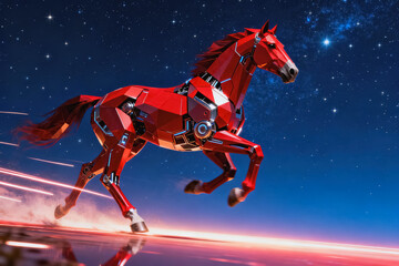 Red Mechanical Horse Running in Space