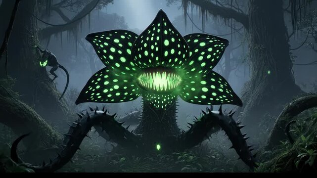 Monstrous Glowing Plant in a Dark Alien Jungle with a Bioluminescent Creature