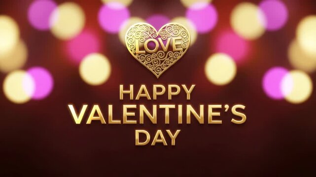 Happy valentines day gold heart with love text on brown background with bokeh lights