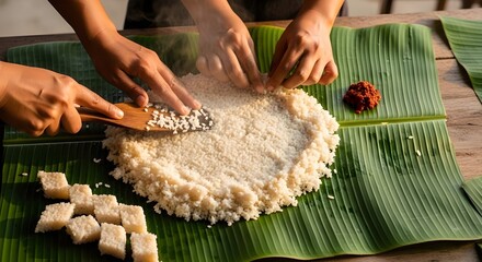 Overhead Shot of Hands Preparing Kiribath on Banana Leaf in Natural Morning Light