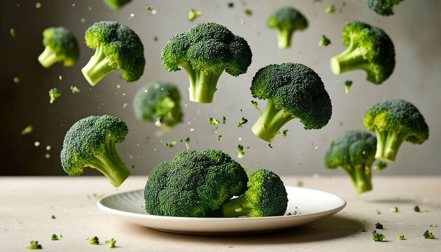 Broccoli on the plate, and broccoli falling around the table. Great shot for cooking recepies.