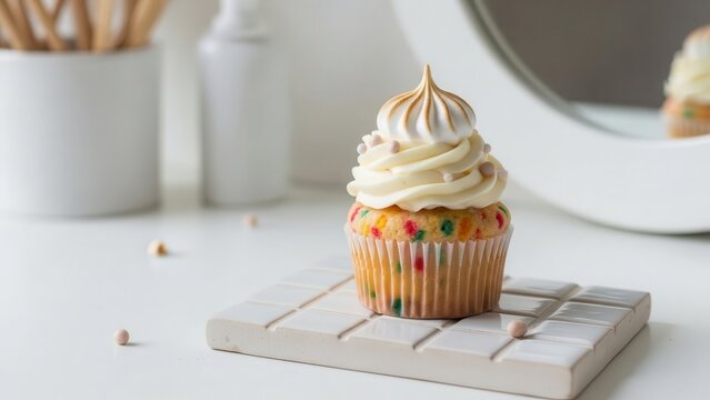 Funfetti cupcake with vanilla meringue frosting and sprinkles, displayed on a white modern surface with soft lighting and a blurred background