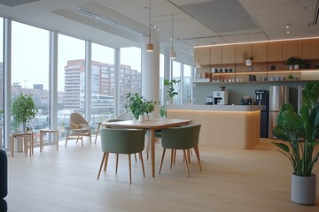 Fototapeta premium Modern office interior with bright natural light and stylish furniture design elements