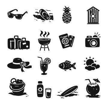 Summer holiday icon set with sunglasses, pineapple, luggage, camera, passport, surfboard, cocktails, fish and sunny weather. Concept for tropical travel, beach lifestyle and relaxation.