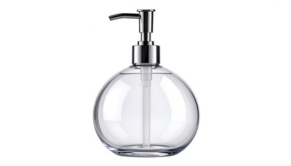 Fototapeta premium Clear, round glass liquid dispenser with metallic pump, filled with transparent liquid