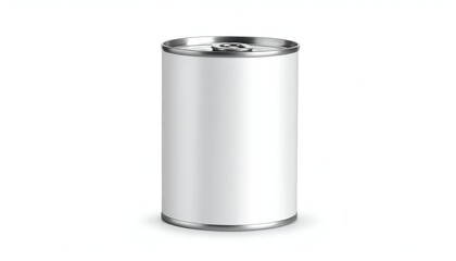 A white cylindrical can with silver top and bottom, on a white background