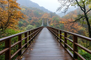 Obraz premium Misty Autumn Bridge Surrounded by Colorful Foliage in Scenic Forest Landscape