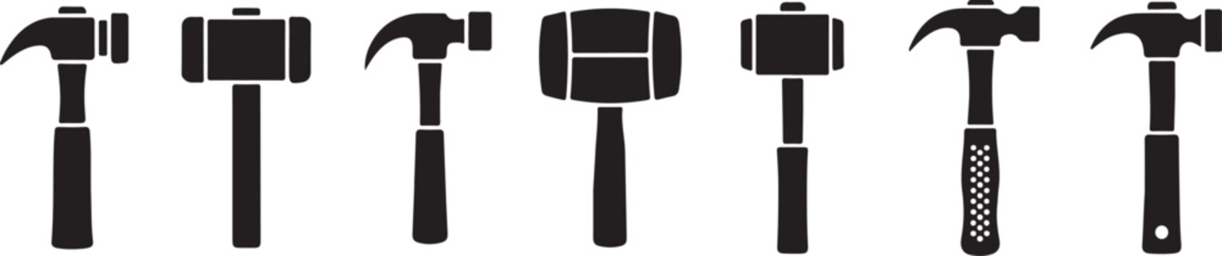 Hammer Silhouette Icons &ndash; Claw, Sledge, Mallet, Black Vector Tools