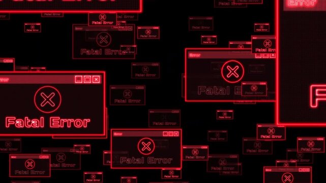 Flying Fatal Error Message Notifications. Animated Digital Display Concept for Cyber Security Failure