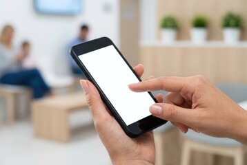 close-up of hand holding smartphone with blank white screen against blurred modern clinic background.ideal for promotional designs highlighting technology,user interaction,or mobile applications.