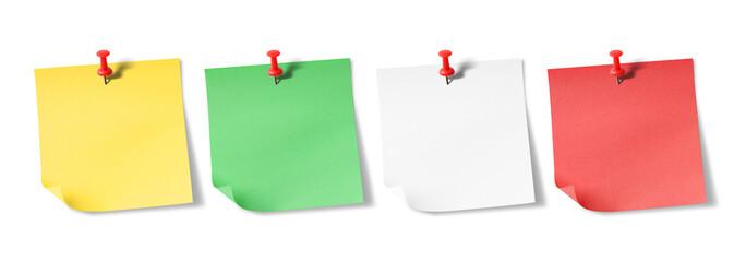 Sticky note reminder. Post it note paper. White, Yellow, Red and Green sheets for notes isolated on...