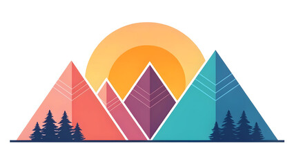 Abstract geometric mountain landscape illustration with sunrise, pine trees and layered shapes, modern minimal design with vibrant gradients for posters, branding and digital backgrounds