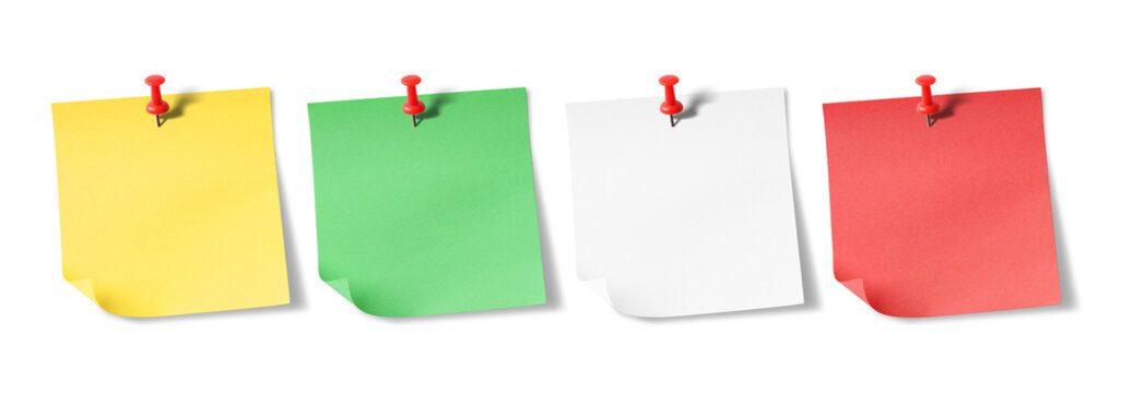 Sticky note reminder. Post it note paper. White, Yellow, Red and Green sheets for notes isolated on background.