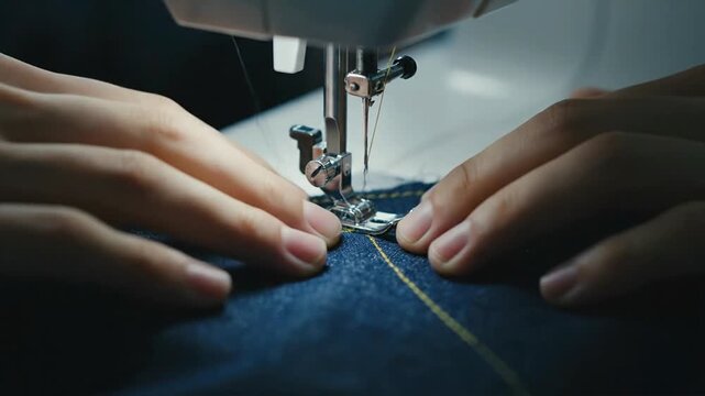 Close up of hands sewing fabric with machine needle and thread