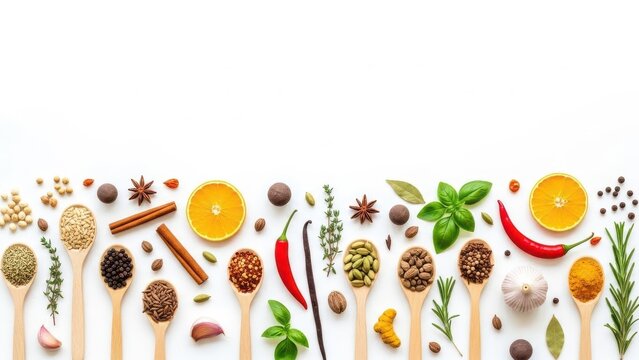 A colorful array of spices and herbs on wooden spoons for cooking and culinary uses on a white background