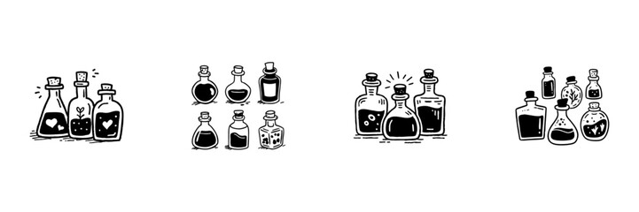 Potion Bottles Collection In Hand Drawn Style Set. Magical Elixirs, Alchemy Ingredients, Witchcraft Doodle Sketch Collection. Fantasy And Magic Theme. Isolated Vector Illustration