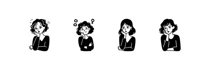 Four Female Characters Expressing Thoughtful Emotions In Hand Drawn Style Set. Contemplation, Decision-Making, And Reflection Doodle Sketch Collection. Isolated Vector Illustration