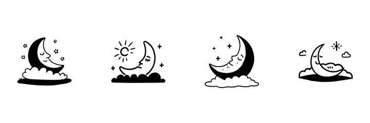 Sleeping Crescent Moon With Stars And Clouds In Hand Drawn Style Set. Nighttime Serenity, Dreamy Atmosphere, Celestial Doodle Sketch Collection. Peaceful Sleep Theme. Isolated Vector Illustration
