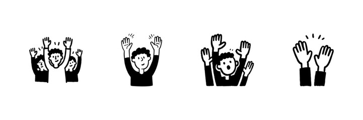 Obraz premium People Raising Hands In Hand Drawn Style Set. Celebration, Agreement, Participation, Applause Doodle Sketch Collection. Community Engagement Symbols. Isolated Vector Illustration
