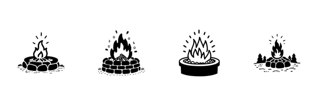 Campfire Icons In Hand Drawn Style Set. Outdoor Adventure, Camping, And Wilderness Exploration Doodle Sketch Collection. Rustic And Cozy Campfire Designs. Isolated Vector Illustration