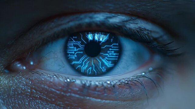 Close up of human eye with digital circuit pattern overlay